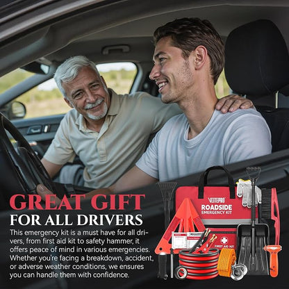 Roadside Emergency Car Kit for Vehicles, Car First Aid Kit Emergency Kit with Jumper Cables, Snow Shovel, Tow Strap, Car Safety Kits, Road Trip Assistance for Men, Women, New Driver Gifts