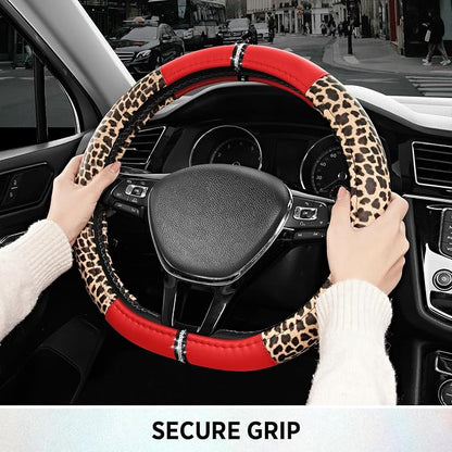Road Comforts Leopard Steering Wheel Cover for Women, Cute Anti-Slip Microfiber Leather, Fits D Shape Flat Bottom Steering Wheel 14.5-15 Inch - Red