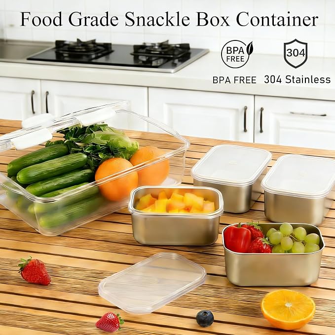Snackle Box Container, Stainless Steel Divided Serving Tray with Lid and Handle, Large Snack Tray for Fruit Veggie Candy, 4-Compartment Snack Platter for Travel Party Beach Picnic