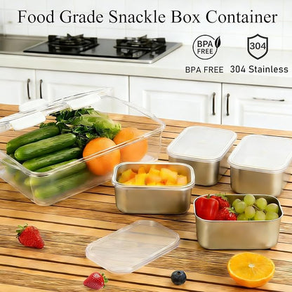 Snackle Box Container, Stainless Steel Divided Serving Tray with Lid and Handle, Large Snack Tray for Fruit Veggie Candy, 4-Compartment Snack Platter for Travel Party Beach Picnic