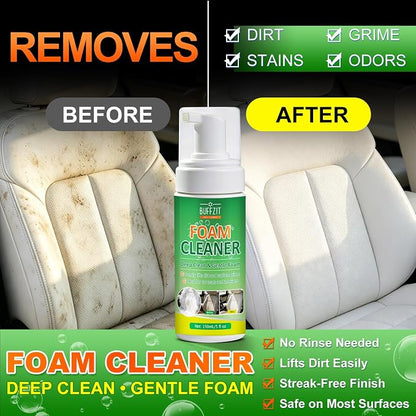 Car Interior Foam Cleaner Kit, Multifunctional Auto Detailing Cleaner with Brush & Towel, Deep Clean Car Seats, Carpet, Upholstery & Dashboard, Safe for Leather, Fabric, Vinyl & Plastic, 5oz