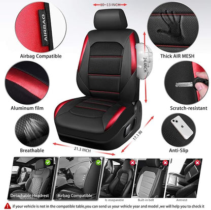 CAR PASS Memory Foam Leather Seat Covers,Air Cool Mesh Thick Car Seat Covers Front Seats Red Leather Seat Covers for Cars Universal for SUVs Trucks,Airbag Compatible Comfort Durable,Black Red Metal