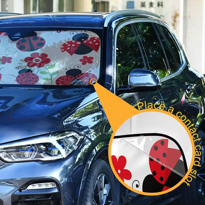 Ladybugs Flower Car Windshield Sun Shade Red Scarab Foldable UV Ray Sun Visor Protector Sunshade to Keep Your Vehicle Cool (55" x 27.6")