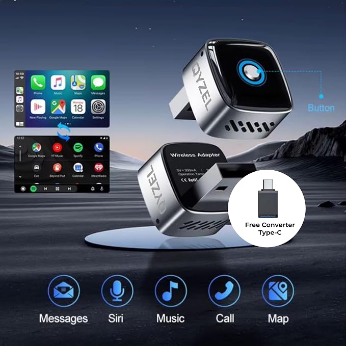 AX1 Wireless CarPlay & Android Auto Adapter for Factory Wired CarPlay Cars – On/Off Button, Device Switch, Fast Connection, Auto Reconnect, Plug & Play