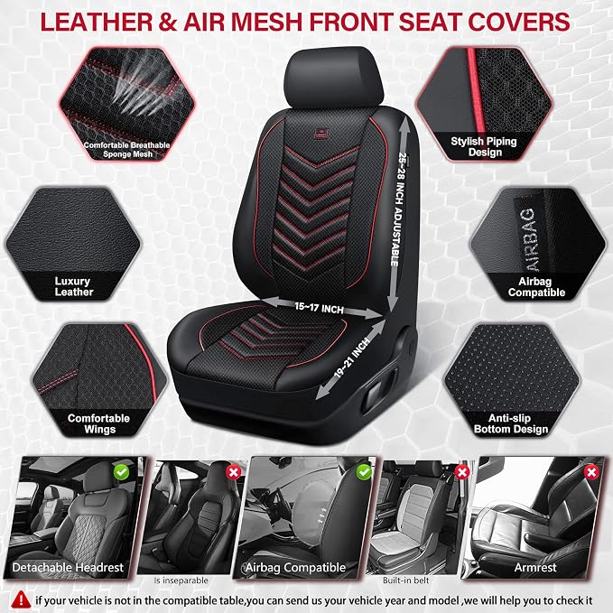 CAR PASS 3D Foam Mesh Leather Car Seat Covers Front Seats, Breathable Front Seat Cover for Cars, Comfortable Universal Fit for SUV Truck Sedan Automotive Anti-Slip Airbag Compatible, Black and Red