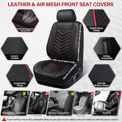 CAR PASS 3D Foam Mesh Leather Car Seat Covers Front Seats, Breathable Front Seat Cover for Cars, Comfortable Universal Fit for SUV Truck Sedan Automotive Anti-Slip Airbag Compatible, Black and Red