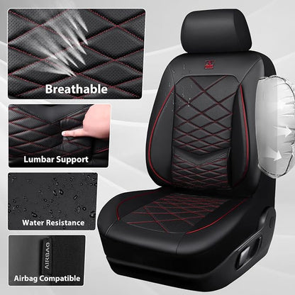 CAR PASS Luxury Nappa Leather Seat Covers Full Set, Water Resistant Faux Leather Seat Cover with Lumbar Support, Breathable Automotive Seat Covers Universal Fit for Sedan SUV Van Truck, Black Red