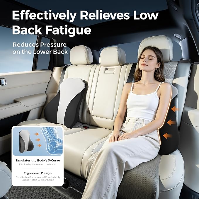 Lumbar Support Pillow for Car, Memory Foam Back Cushion for Driving Seat, Truck Accessories Travel Essentials, Back Pain Relief, Washable Cover, Plus Size Lower Back Support Fits Most Cars (Black01)