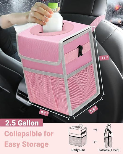 Capolo Car Trash Can with Lid, Leakproof Car Trash Bag Hanging Waterproof Automotive Garbage Can with Storage Pockets Mini Vehicle Trash Bin for Back/Front Seat(Pink,2.5 Gallon)