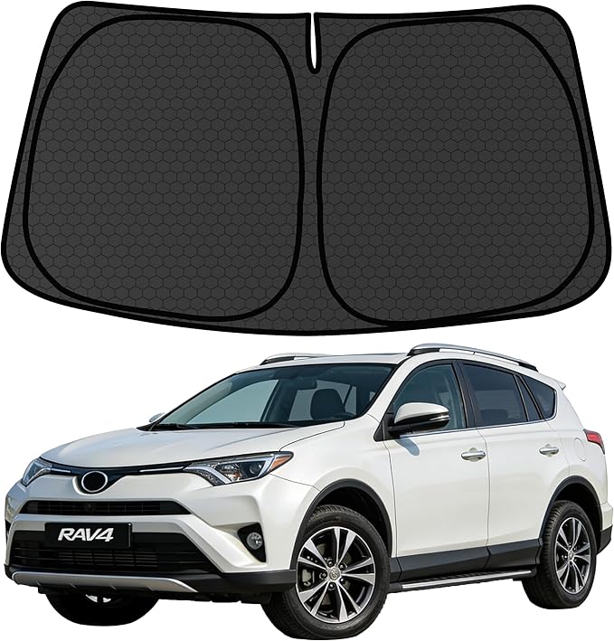RAV4 Customized Windshield Sun Shade for 2013-2018 RAV4 LE | XLE | Premium | Hybrid | Crossover | Custom Fit Front Window Sunshade Visor Protector Foldable Blocks UV Rays Keep Car Cooler Accessories