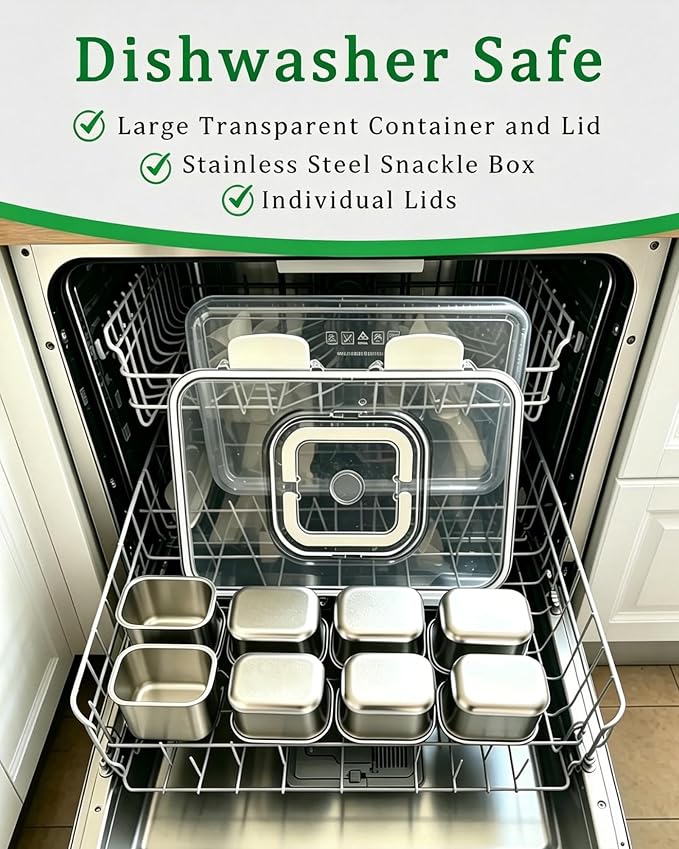 Snackle Box Container, Stainless Steel Divided Serving Tray with Lid and Handle,Large Snack Tray for Fruit Veggie, 8-Compartment Snack Platter for Travel Party Beach Picnic,with Ice Pack(Silver White)