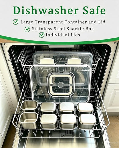 Snackle Box Container, Stainless Steel Divided Serving Tray with Lid and Handle,Large Snack Tray for Fruit Veggie, 8-Compartment Snack Platter for Travel Party Beach Picnic,with Ice Pack(Silver White)