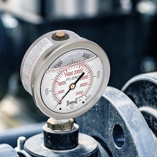 Winters 2-1/2" Dial Size, Liquid Filled Industrial Pressure Gauge, Brass Internals, Stainless Steel Case, Dual Scale 0-5,000 psi/kPa, 1.5% Acc, 1/4" NPT Bottom Mount, Glycerin Filled Pressure Gauge