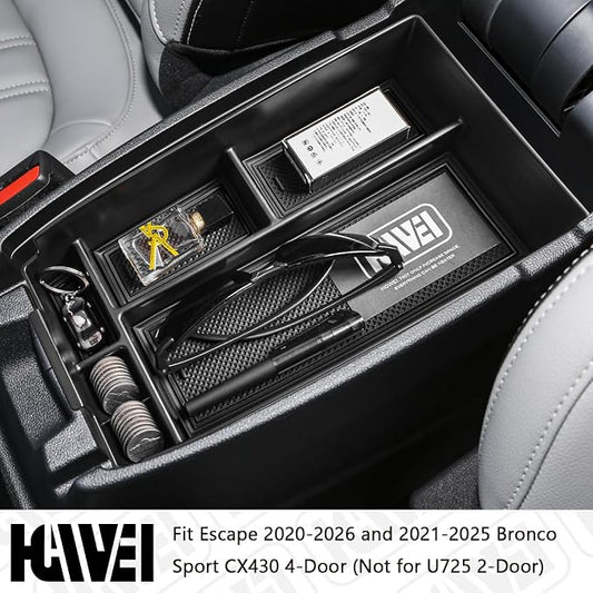 HGWEI Center Console Organizer Compatible with Ford Escape 2020-2026/Bronco Sport 2021-2025 Accessories, Insert Armrest Box Secondary Storage Tray Black ABS Materials (Not for U725 2-Door)