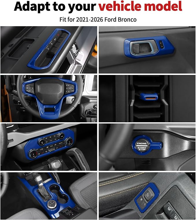 JWWY Interior Trim Kit Full Set Dress-Up Kit Decor Set Center Console Gear Shift Dashboard Panel Door Handle AC Rearview Vent Adjustment Cover Trim for 2021-2026 Ford Bronco Accessories 14pcs Blue