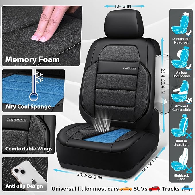 CAR PASS Memory Foam Seat Covers Front, Airy Cool Mesh Thick Car Seat Covers, Leather Car Seat Covers Front Seats Airbag Compatible, Universal Automotive Comfort for Cars, Trucks, SUV, Charcoal Gray