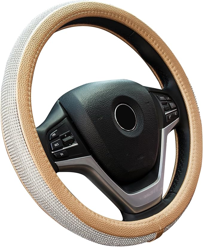 New Diamond Leather Steering Wheel Cover with Bling Bling Crystal Rhinestones, Universal Fit 15 Inch Car Wheel Protector for Women Girls,Gold