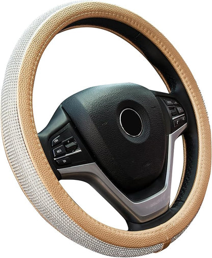New Diamond Leather Steering Wheel Cover with Bling Bling Crystal Rhinestones, Universal Fit 15 Inch Car Wheel Protector for Women Girls,Gold