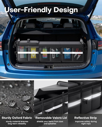 HOTOR Trunk Organizer - 3-Compartment Car Organizer and Storage with Cooler Bag, Foldable Car Storage Organizer for SUV with Handles & Strap for Shopping, Picnic, 33.1" x 13.0" x 11.8", Black