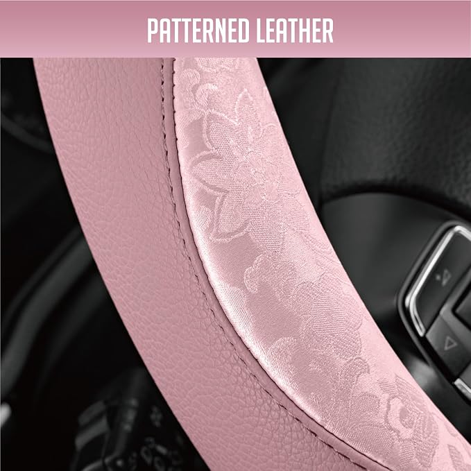 PIC AUTO Steering Wheel Cover, Pink Patterned Leather Patchwork Design, Universal Fit 14.5"–15.5" D-Shape Steering Cover, Soft PU Grain Leather, Durable Grip Car Accessory for Girls & Women