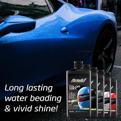 Formula 1 Color Wax Liquid for Blue Cars, Gives Ceramic Water Beading Protection and Ultimate Shiny Finish, Fills Minor Scratches with Color-Match Pigment, 16 oz