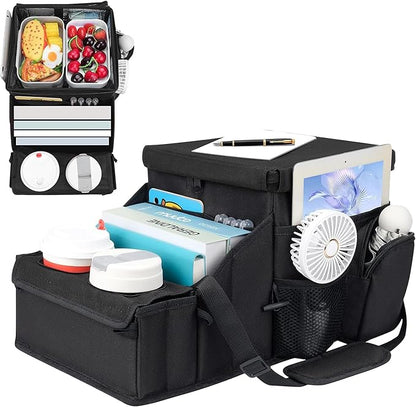 Car Hop Front Seat Organizer with Cup Holder, Movable Divider & Side Pockets, Passenger Seat Storage Caddy for Road Trip, Travel, Work or Kids, Fits Cars Trucks SUVs