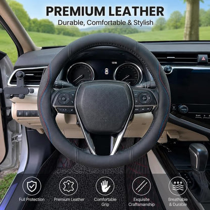 Steering Wheel Cover Universal Standard Size 14.5-15 inch, Breathable Microfiber Leather, Anti-Slip, Soft Grip, Sporty Design, Fits for Cars SUVs Trucks, Black with Red Blue Line