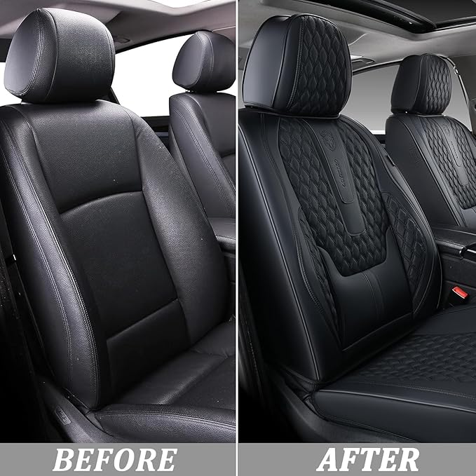 Coverado Front Seat Covers, Car Seat Covers Front Seats, Nappa Leather Seat Covers for Cars, Waterproof Seat Covers with Lumbar Support Universal Fit for Most Cars SUV Trucks (Front, Black)
