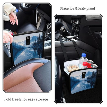 Car Trash Can Organizer Bin with Adjustable Strap for Back Front Seat Console Waterproof Leakproof Collapsible Portable 8.66 Inch Winter Blue Mountain and Mirrored Lake