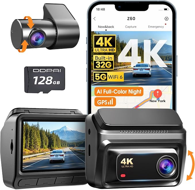 DDPAI 4K Dash Cam Front and Rear, Built-in 32G eMMC Dual Dash Camera for Cars, 128GB Card Included Dashcam,GPS, Night Vision,5G WiFi, 7-Days Parking Mode, 3" IPS, ADAS, WDR, Support 512GB, Z60