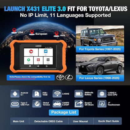 Launch Creader Elite 3.0 Bidirectional Scan Tool fit for Toyota/Lexus, 2026 Full System OBD2 Scanner, All Reset Service Code Reader, ECU Code, AUTO VIN, Battery Registration, Lifetime Free Update