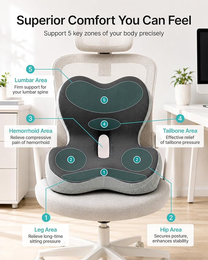 PEGZONE Seat Cushion & Ergonomic Lumbar Support Pillow Memory Foam Cushion for Office Chair, Car, Wheelchair – Orthopedic Pain Relief Cushion for Back, Sciatica, Tailbone, Butt - Gray