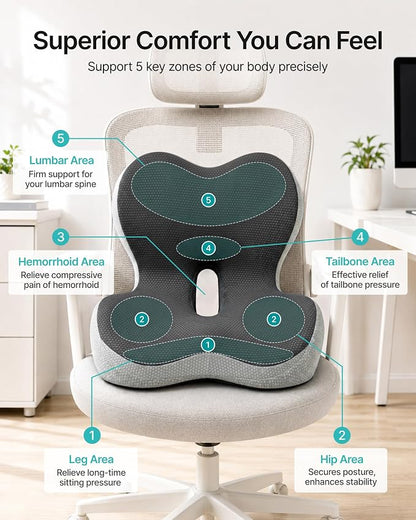 PEGZONE Seat Cushion & Ergonomic Lumbar Support Pillow Memory Foam Cushion for Office Chair, Car, Wheelchair – Orthopedic Pain Relief Cushion for Back, Sciatica, Tailbone, Butt - Gray