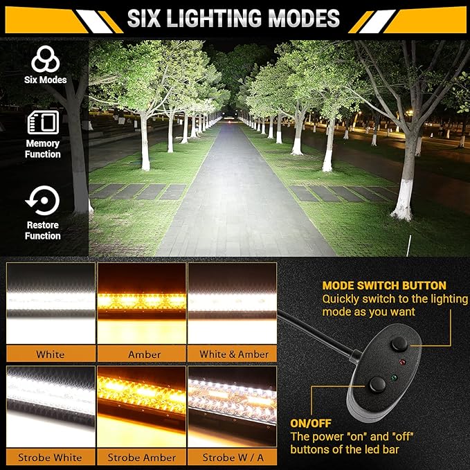 Auxbeam 20 Inch LED Light Bar 420W 6 Modes Amber White Strobe Light, Off-Road Driving Light Spot Flood Combo Work Light with 16AWG 10FT Wiring Harness Kit - 1 Lead for Jeep Wrangler Boat Truck SUV ATV