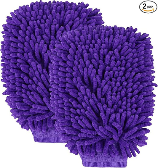 wuyaoyao 2PCS Car Wash Mitt, 10.14"×7.12" Chenille Microfiber Car Wash Mitts, Scratch-Free & Lint-Free, Absorbent Double Sided Clean Glove for Cars Cleaning, Auto Cleaning Supplies (Dark Purple)