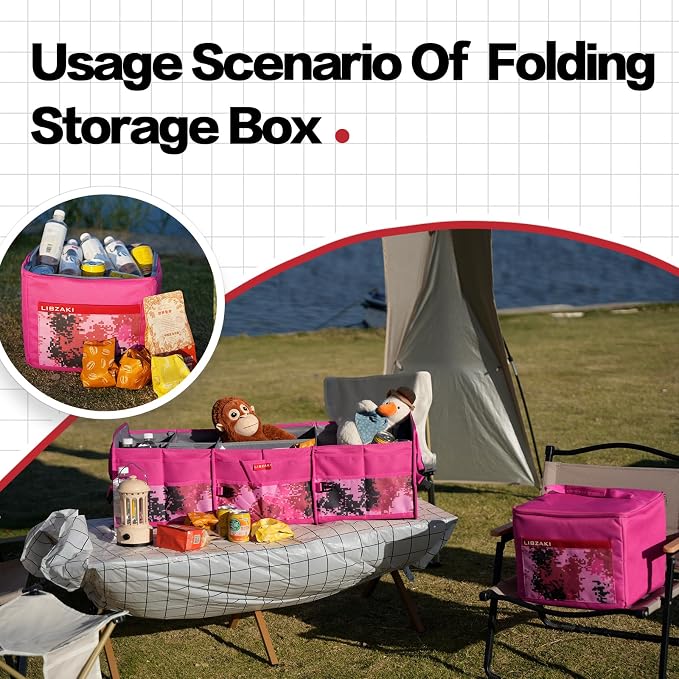 LIBZAKI Car Trunk Organizer,3 Compartments Big Trunk Storage, Large Capacity, Foldable, 95L Heavy Duty Storage Box for Car, SUV, Truck,Includes 26L Cooler Bag -Rose Red Camouflage