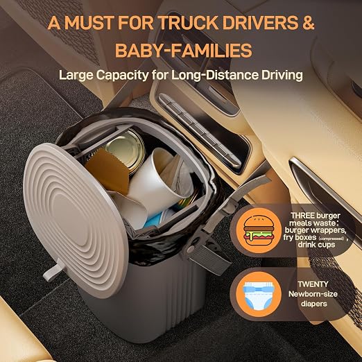 Waretary Trash Can for Car Garbage: Leakproof Silicone Car Waste Bin w/Lid for Drivers and Passengers; 2 Gallon Garbage Container for Vehicle, Sedan, SUV, Van, MPV & Truck (Gray)