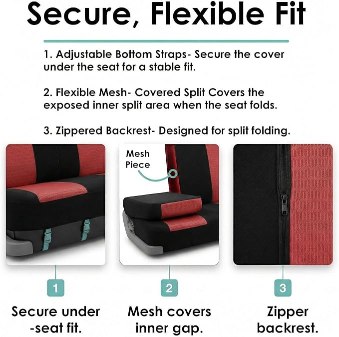 FH Group Automotive Seat Cover Trendy Elegance for Back Seat Red Car Interior Accessories for SUV, Sedan & Van Universal Fit Combo Rear Seat Cover Split Bench Car Seat Protector for Dogs and Kids