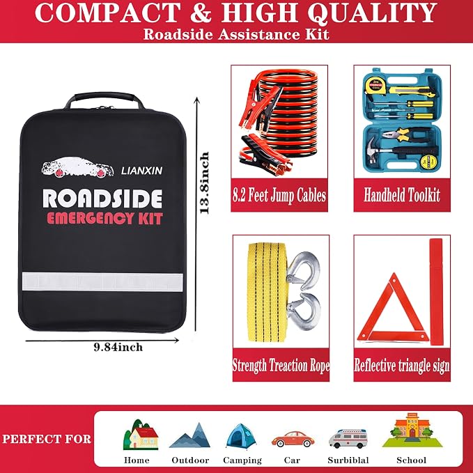 LIANXIN Roadside Emergency Car Kit, Safety Car Kit,with Jumper Cables Emergency kit | Emergency Roadside Kit for Car Warning Triangle,Folding Shovel, Safety Hammer, Tow Rope, Breakdowns fo Emergency Kit Car