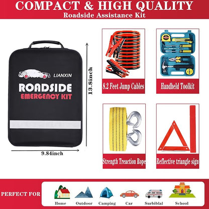 LIANXIN Roadside Emergency Car Kit, Safety Car Kit,with Jumper Cables Emergency kit | Emergency Roadside Kit for Car Warning Triangle,Folding Shovel, Safety Hammer, Tow Rope, Breakdowns fo Emergency Kit Car