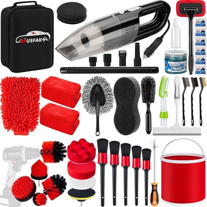 44Pcs Car Wash Cleaning Kit with Detailing Brushes Car Vacuum Drill Brush Set Collapsible Bucket Windshield Cleaning Tool Tire Brush Towels Complete Interior Exterior Detailing Set for Car