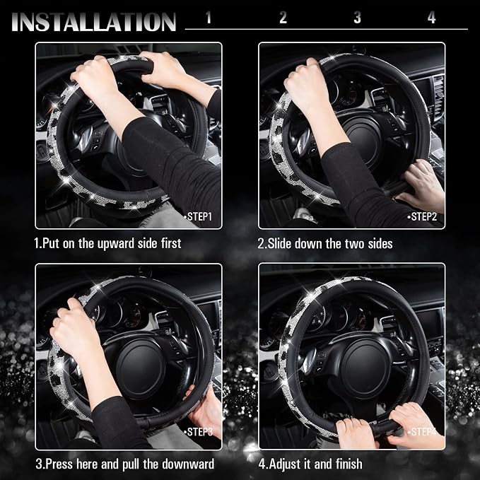CAR PASS Bling Cow Print Diamond Steering Wheel Cover, with Sparkly Crystal Glitter Rhinestones Black Leather Car Wheel Protect for Women Girl Fit Suvs,Vans,Sedans,Cars,Trucks, 14" 1/2-15" Cow Design
