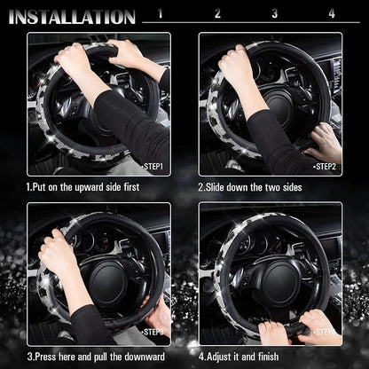 CAR PASS Bling Cow Print Diamond Steering Wheel Cover, with Sparkly Crystal Glitter Rhinestones Black Leather Car Wheel Protect for Women Girl Fit Suvs,Vans,Sedans,Cars,Trucks, 14" 1/2-15" Cow Design
