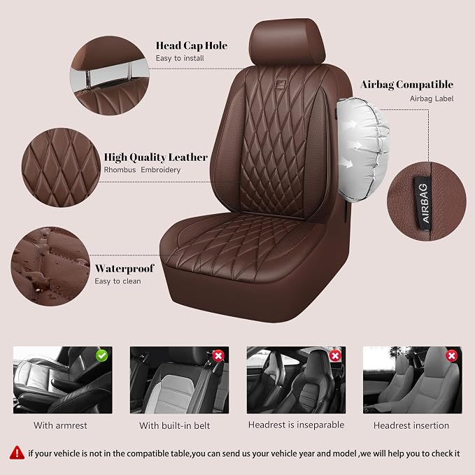 CAR PASS Piping Luxury Faux Leather Seat Covers Full Set, 5 Seats Anti-Slip Waterproof Seat Covers Compatible with Front Armrests, Universal Fit for Suvs,Vans,Trucks,Airbag Compatible, Pure Brown