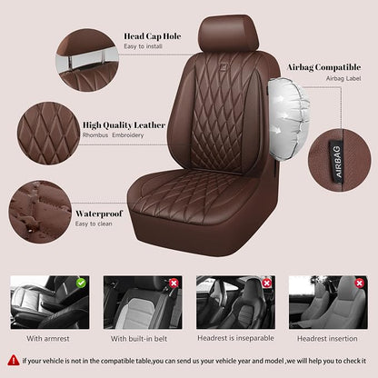 CAR PASS Piping Luxury Faux Leather Seat Covers Full Set, 5 Seats Anti-Slip Waterproof Seat Covers Compatible with Front Armrests, Universal Fit for Suvs,Vans,Trucks,Airbag Compatible, Pure Brown