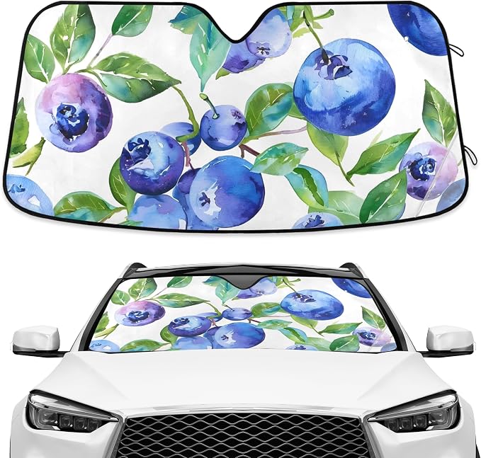 Blueberry Blue Fruits Watercolor Windshield Sunshade Car Sun Shade Blocks UV Rays Visor Protector Accordion Folding Sun Reflector Auto Sunshade for Truck SUV