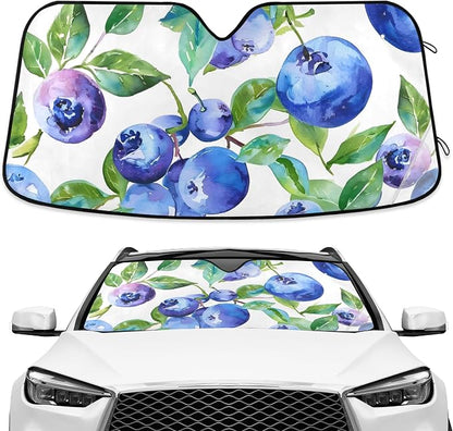 Blueberry Blue Fruits Watercolor Windshield Sunshade Car Sun Shade Blocks UV Rays Visor Protector Accordion Folding Sun Reflector Auto Sunshade for Truck SUV