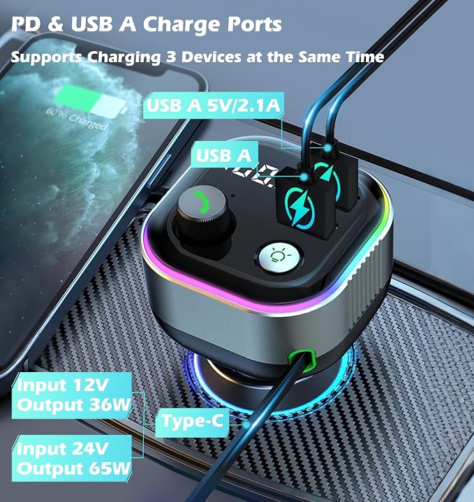 LIHAN Bluetooth 5.4 FM Transmitter for Car, 36W(12V)-65W(24V) Type C Retractable Cord Fast Charger, Wireless Audio Adapter with Hi-Fi Bass,Hands-Free Call,Music Player,Compatible with iPhone & Android