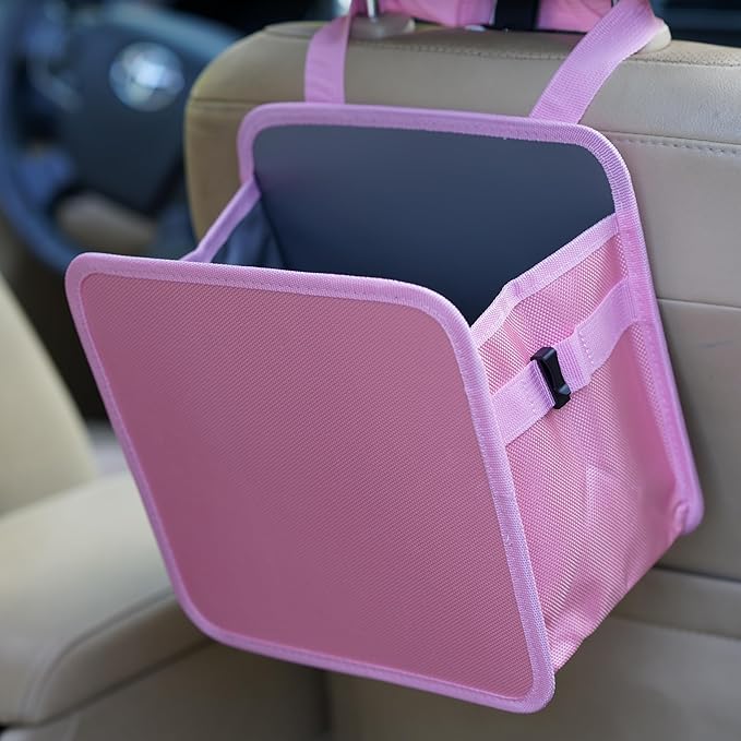 Ginsco 2 Gallons Open-Top Car Trash Can, Hanging Car Trash Bag with Water-Proof PEVA Liner, Stand Car Trash Bag Foldable Car Storagge Bag for Cars SUV Truck (Pink)