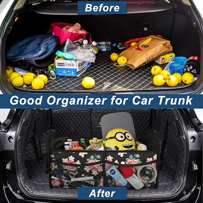Deosk Trunk Organizer and Storage with Reinforced Handles,Car Accessories for Women/Men 50L Waterproof Polyester Trunk Organzier for Car/SUV/Minivan/Truck(Medium, Floral)